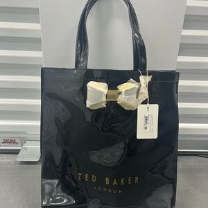 Ted Baker Black Glossy Tote with Bow Accent